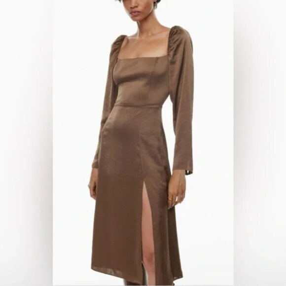 Aritzia Wilfred Bridgerton Satin Midi Dress NWT Cocoa Bean Brown Size 4 - Picture 4 of 10